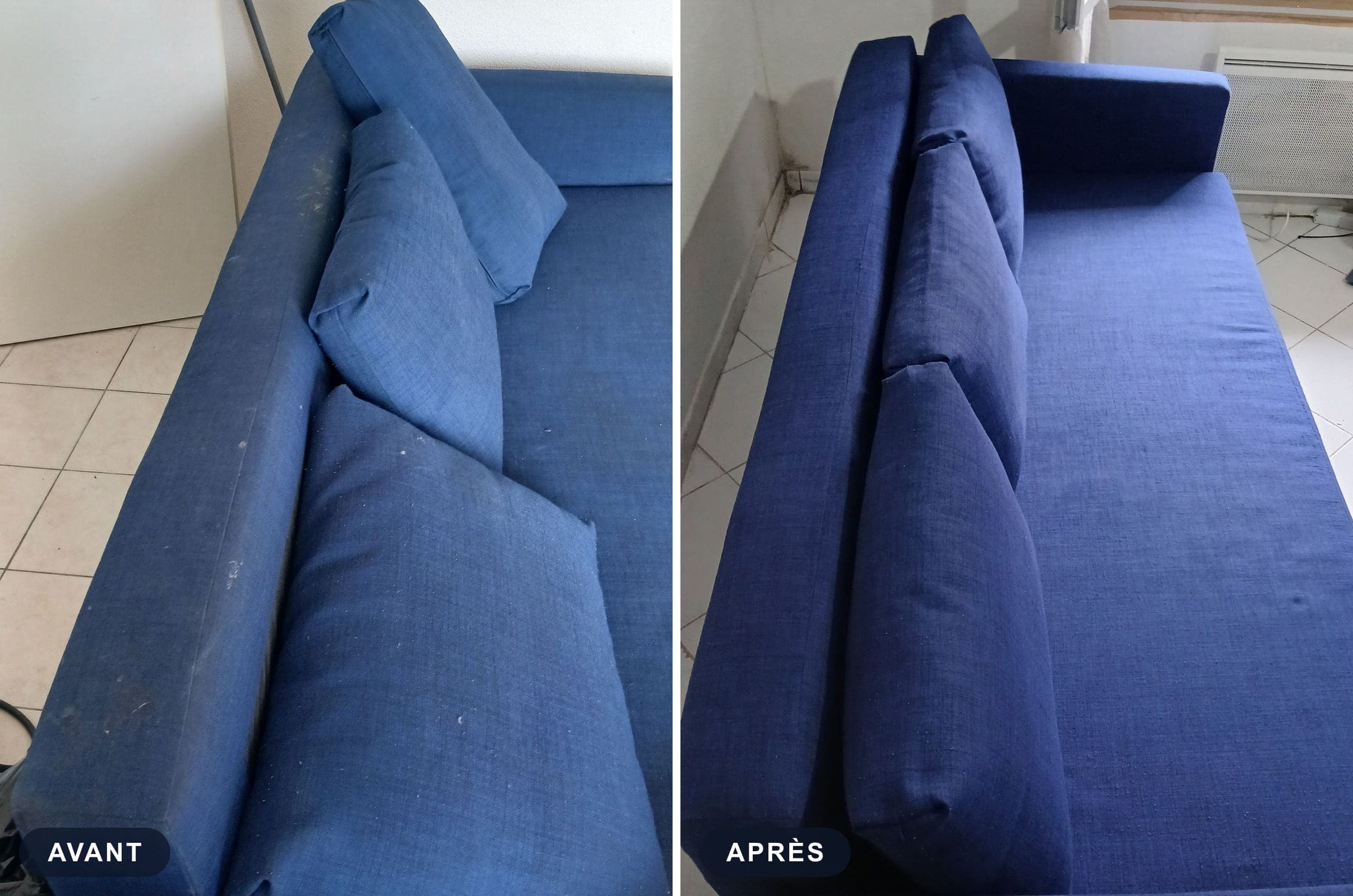 Le même canapé en tissu avant et après nettoyage