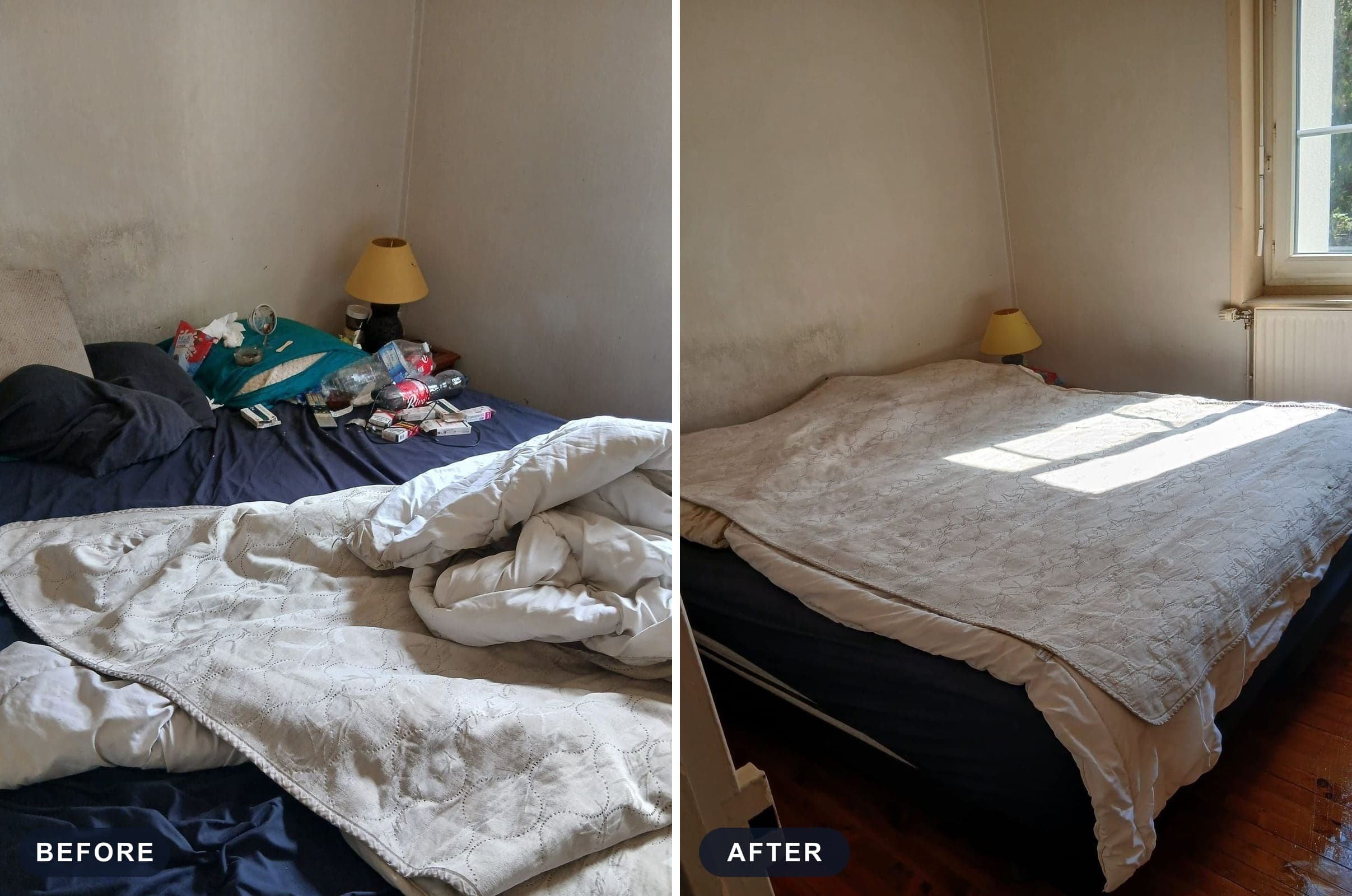 The same bedroom before and after the visit
