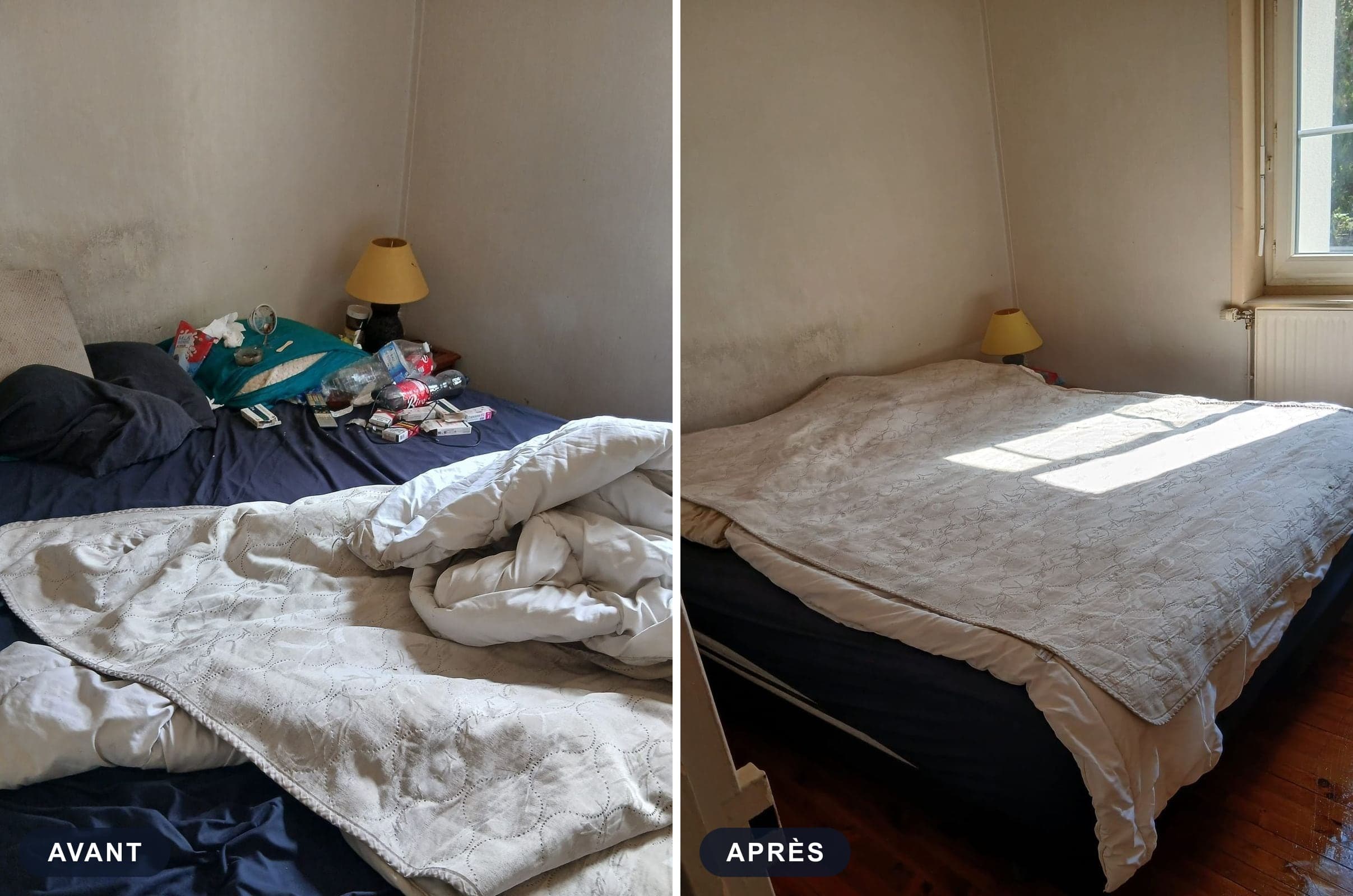 La même chambre avant et après intervention