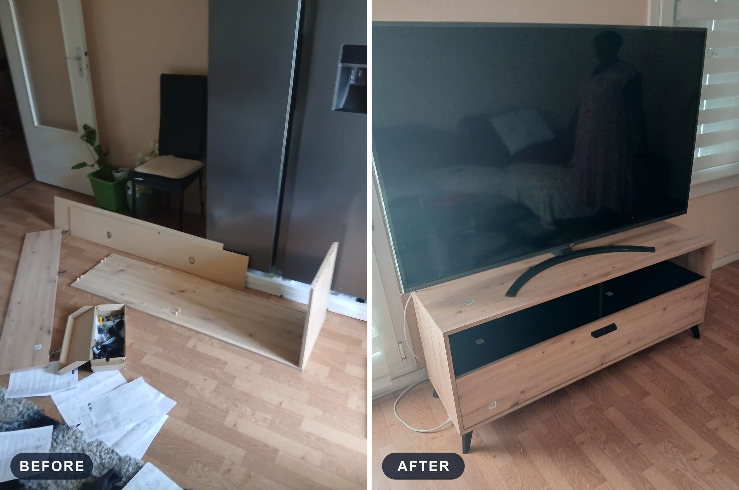Flat-pack furniture laid out, then assembled and in place