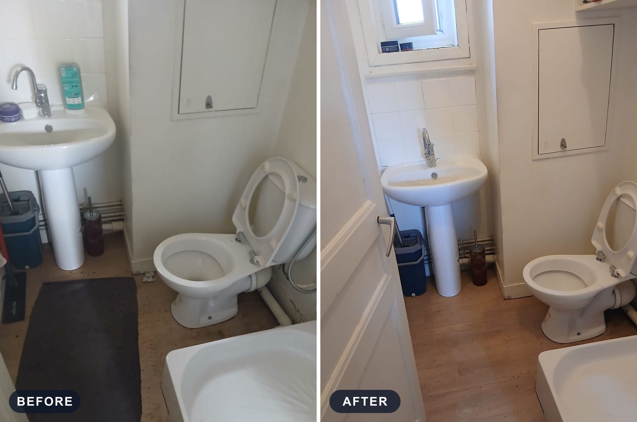 The same bathroom before and after the visit